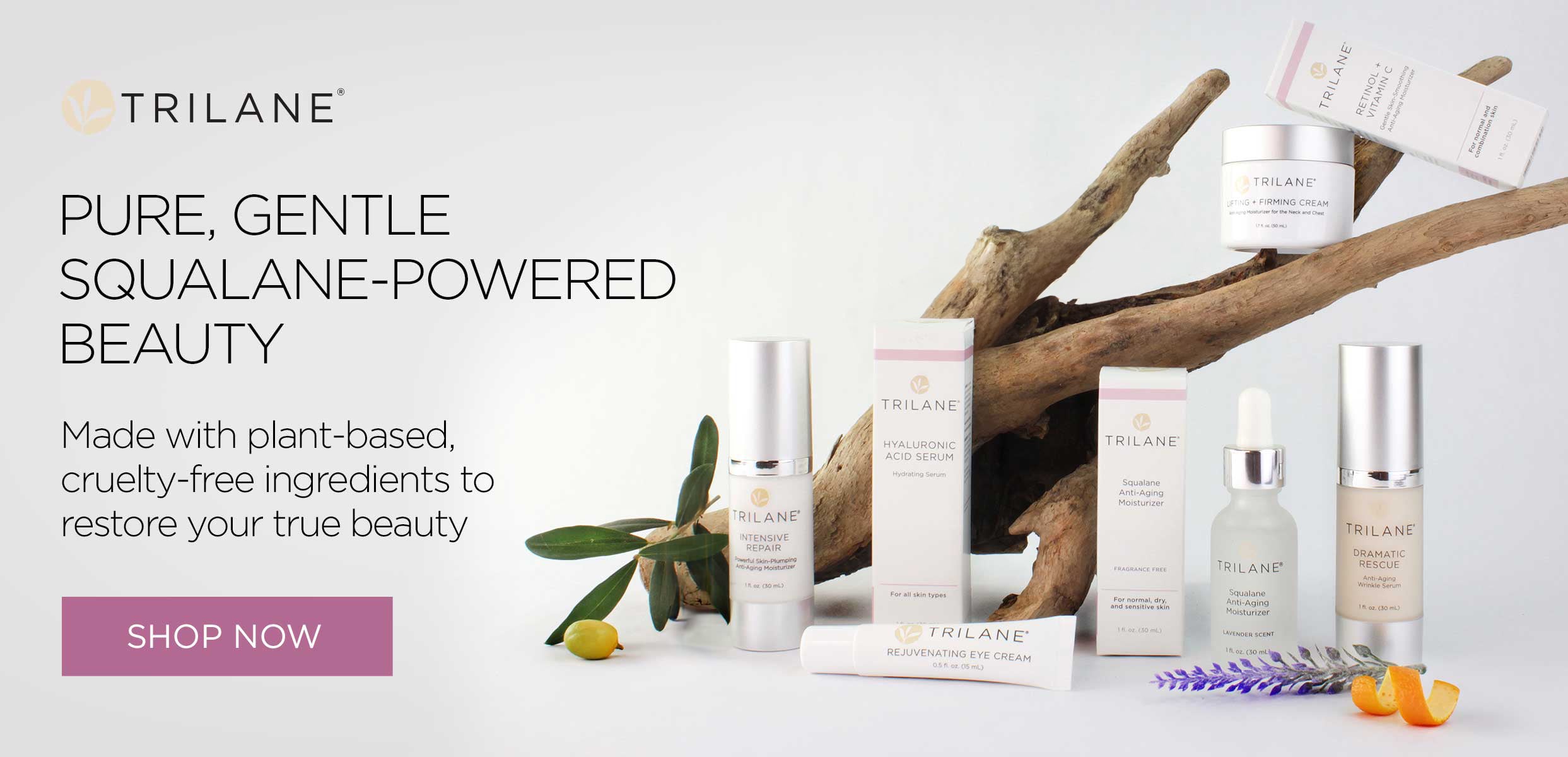 Trilane Skincare products with driftwood and ingredients