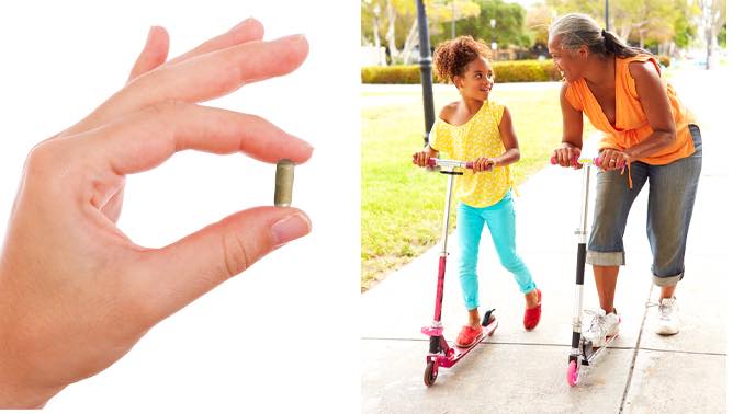 Hand with pill and two ladies on scooters