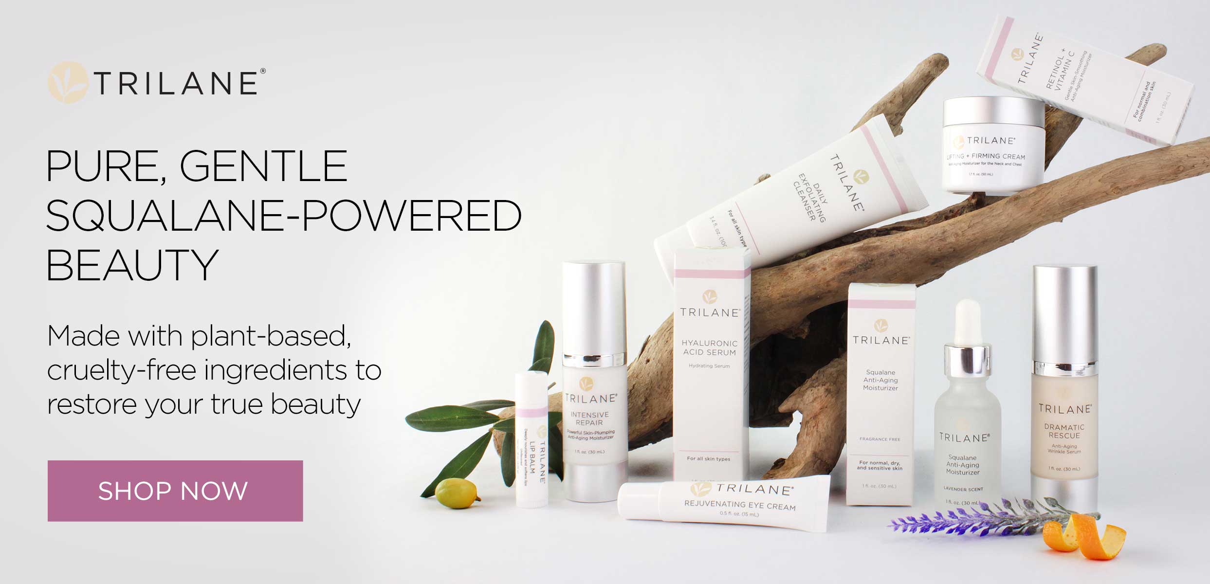 Trilane Skincare products with driftwood and ingredients
